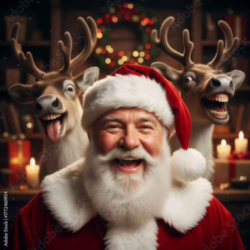 close up of santa claus and two laughing reindeer in a home setting
