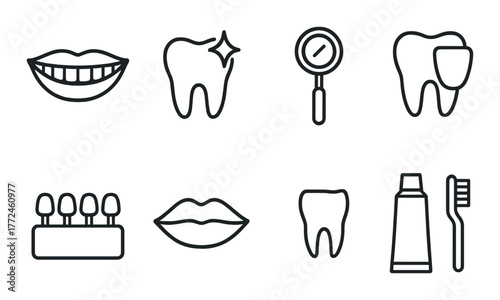 Set of dental icons featuring teeth, smiles, and oral care items