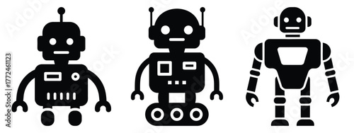 robot minimal flat icon set, black color and white background