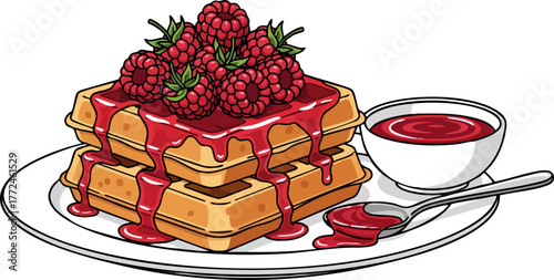 Stack of waffles with raspberry syrup and fresh berries, flat vector illustration.