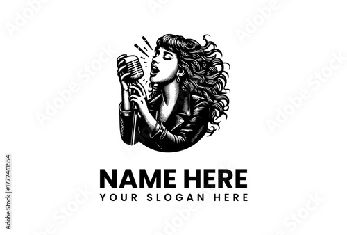 Dynamic monochrome illustration of a powerful female vocalist passionately singing into a vintage microphone, perfect for music band logos, concert posters, or entertainment branding