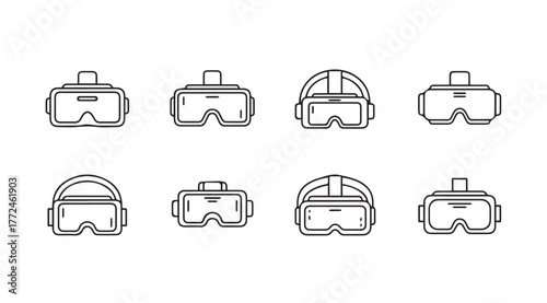 Set of eight futuristic virtual reality headsets and goggles diverse designs for immersive technology exploration vector