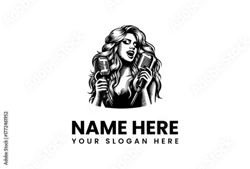 Elegant black and white logo of a passionate female singer with voluminous hair, holding two microphones for a music business or band
