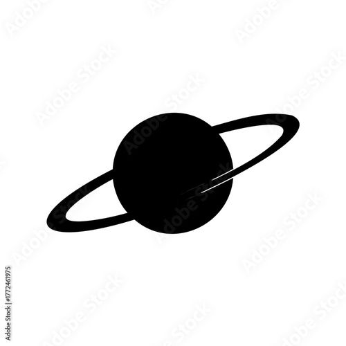 Planet with prominent rings, simple black and white graphic illustration