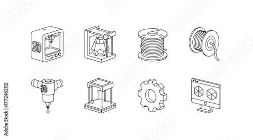 Set of simple line art icons representing 3d printing technology and processes vector