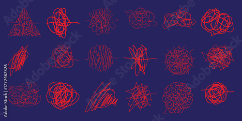 Collection of Red Scribble Lines and Tangled Shapes on a Dark Blue Background