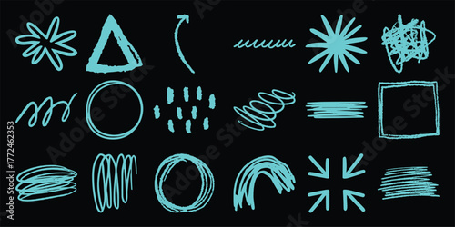 Collection of Teal Hand-Drawn Abstract Shapes and Symbols on Black Background