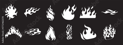 Collection of White Flame and Fire Icons on Black Background