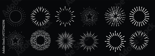 Collection of White Sunburst and Starburst Graphic Elements on Black Background