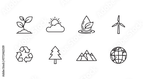 Set of clean energy and nature icons representing sustainability and environmental protection vector