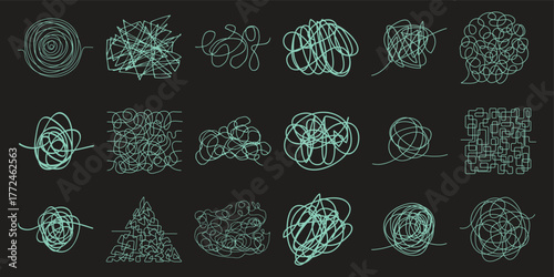 Collection of Abstract Tangled Line Art Designs on Black Background