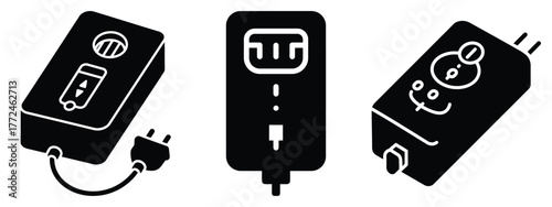 surge protector minimal icon set, black color and white background