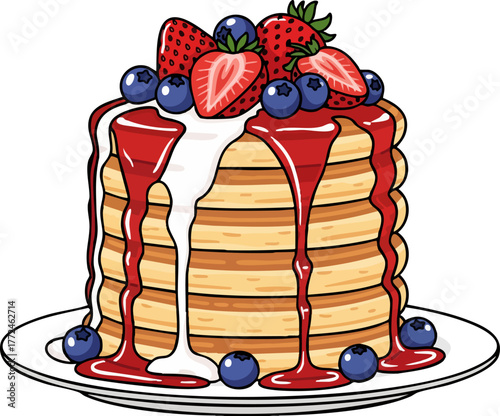 Tall stack of pancakes with strawberry and blueberry syrup, flat vector illustration.