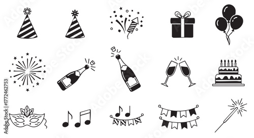 Festive Party Celebration Icons Pattern with Hats Fireworks and Champagne