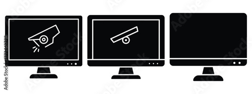 surveillance monitor minimal icon set, black color and white background