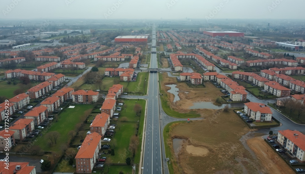 Fototapeta premium Aerial view suburban area with rows of houses and road. Residential district with red roofs buildings. Infrastructure neighborhood with green lawns. Urban cityscape environment planning.