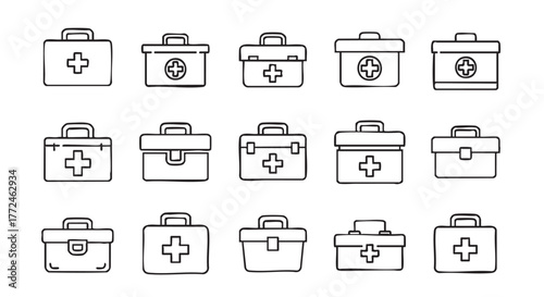 First aid kit doodle set hand drawn vector illustration outline
