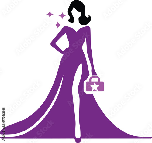 Glamorous woman icon wearing an elegant evening gown with a star symbol. Perfect for fashion, beauty, luxury, and style design projects.