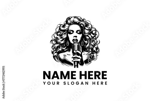 Illustration of a beautiful woman singing into a vintage microphone, a music and entertainment logo concept. 39