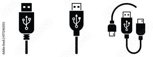 usb c cable icon set, black color and white background