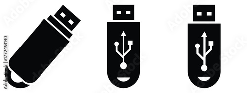 usb flash drive icon set, black color and white background