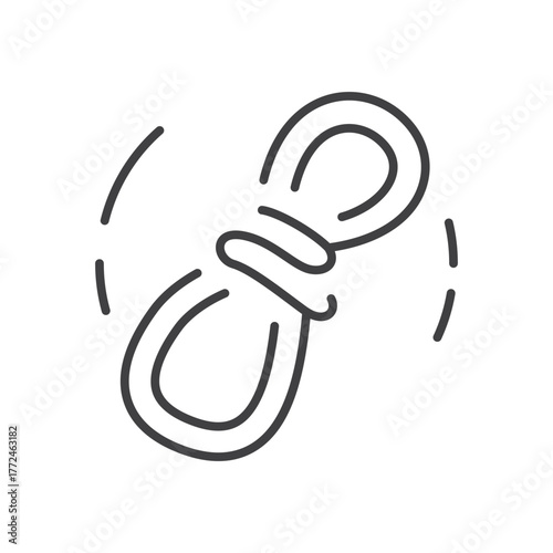 Black line drawing of a rope in a knot There are three dashed marks near the rope