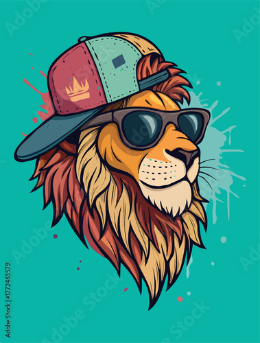 Cool Hipster Lion Wearing Sunglasses and Crown Cap.