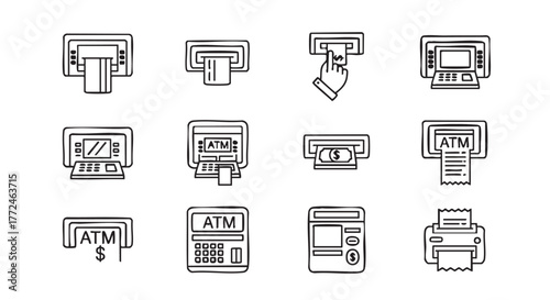 Hand drawn ATMs in various designs symbolizing banking and finance
