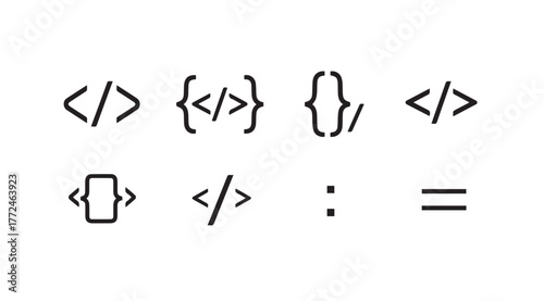 Collection of programming code symbols and brackets for web development and software engineering design vector