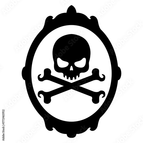Logo con silueta de marco ovalado de espejo decorativo con calavera con huesos cruzados para tarjetas y felicitaciones de Halloween