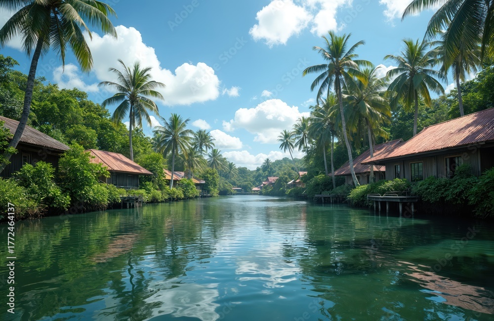 Obraz premium Tropical river flows by stilted homes nestled among lush jungle and palm trees under blue sky with white clouds. Scenic waterway path leads to remote exotic island village, tranquil nature paradise.