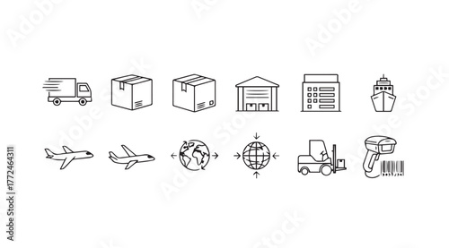 Set of shipping and logistics icons for global cargo delivery and transportation services vector