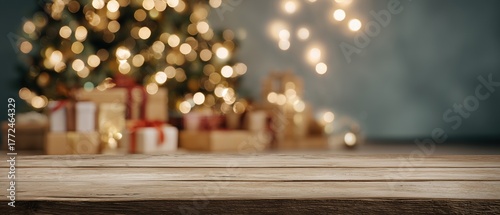 Rustic Wooden Table with Blurred Christmas Background – Warm Festive Copy Space