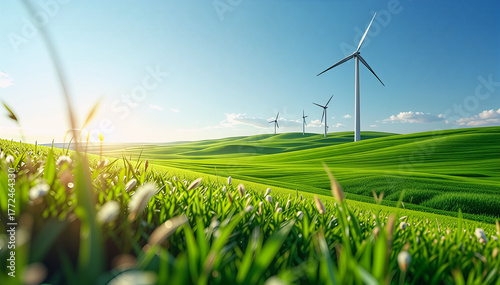 wind turbines on green field