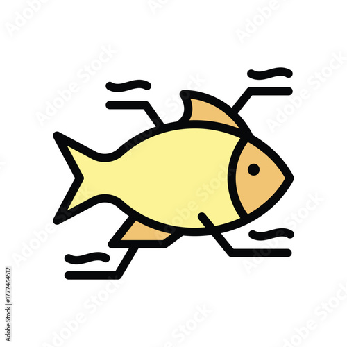 Yellow cartoon fish icon with black outline and fins surrounded by three black squiggly lines