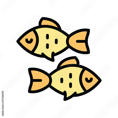 Two yellow stylized fish icons outlined in black with orange fins and eye details