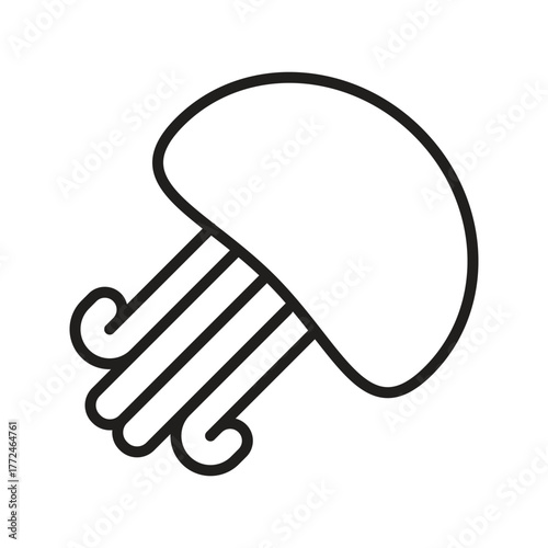 Line art of a jellyfish domeshaped bell with four trailing tentacles curled at the ends