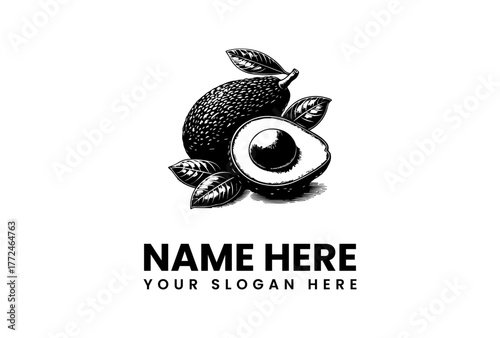 Detailed black and white engraving of a whole avocado and a half-cut avocado with leaves, symbolizing natural health and fresh organic produce, perfect for branding elements