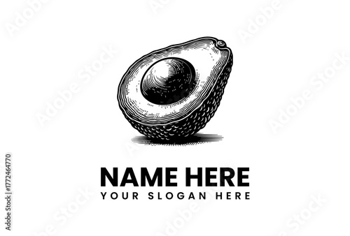 Vintage avocado logo design template with a hand-drawn sketch style for healthy food branding. Vector illustration of a halved fruit