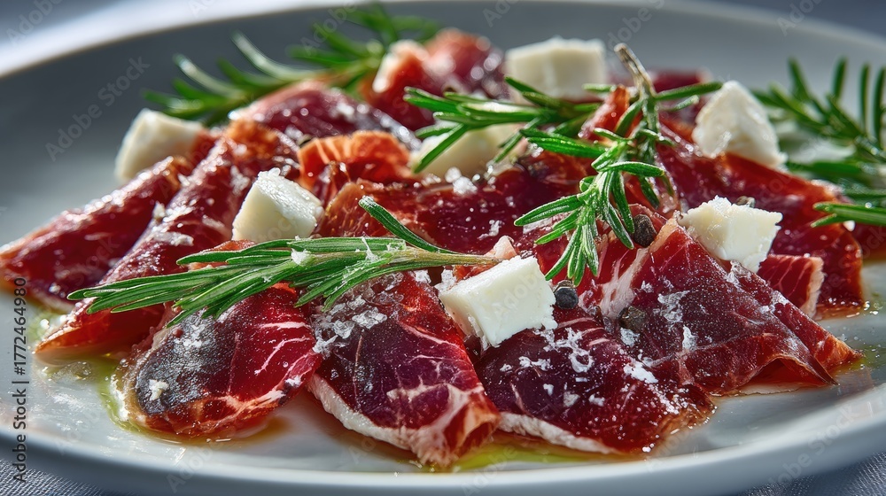 Obraz premium Montenegro dish Njeguski Prsut Air-dried smoked ham dark red slices with white fat marbling