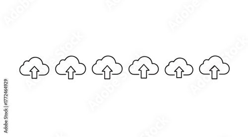 Six cloud icons with upload arrows representing data transfer and cloud computing services vector