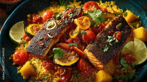 Ivory Coast dish Attieke Fermented cassava couscous with grilled fish and vegetables light and slightly sour