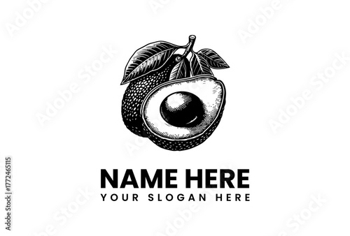 Hand-drawn avocado logo template in a vintage engraving style. Detailed black and white illustration of a whole and halved fruit with leaves
