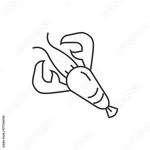 Outlined illustration of a crustacean with claws and a tail