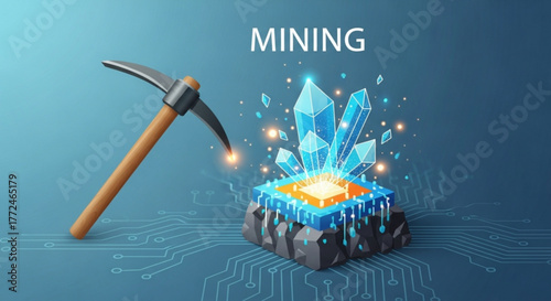 Illustration depicting a pickaxe mining crystals on a platform with circuit board pattern