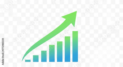 Green arrow pointing upwards over a gradient blue bar graph indicating growth trend