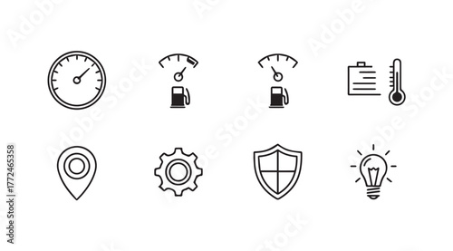 Collection of simple icons representing time fuel gauge clipboard thermometer location gear shield and light bulb vector