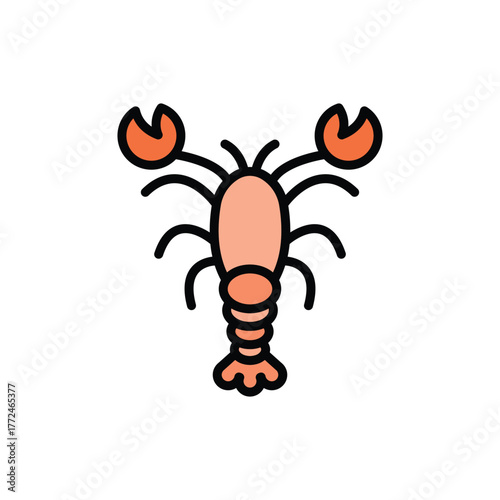 Stylized lobster in light red with thick black outline facing forward