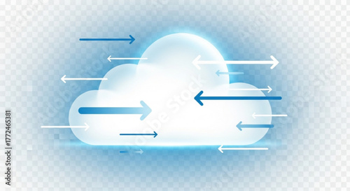 Cloud computing illustration with blue arrows indicating data flow in and out of cloud