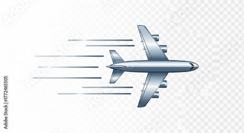 Illustration of a silver airplane flying with motion lines indicating fast movement speed